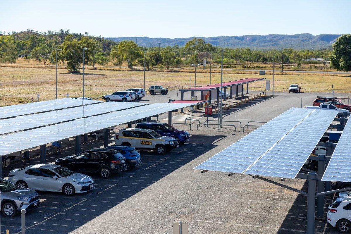 Car park solar shades at Mount Isa Airport, installed above carpark bays providing shade and generating renewable energy.