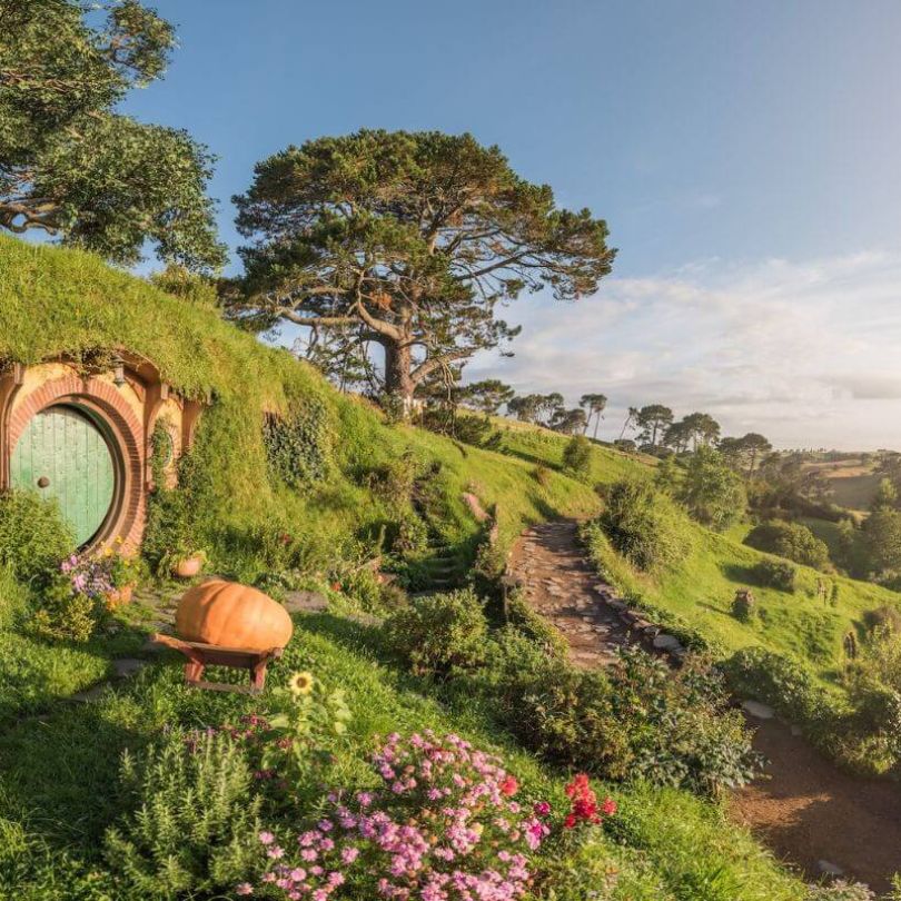 A picturesque view of Hobbiton in Matamata, New Zealand, featuring a round green hobbit door nestled in a hillside, surrounded by flowers and a winding garden path under golden morning light.