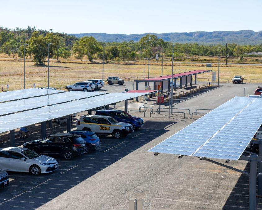 Car park solar shades at Mount Isa Airport, installed above carpark bays providing shade and generating renewable energy.